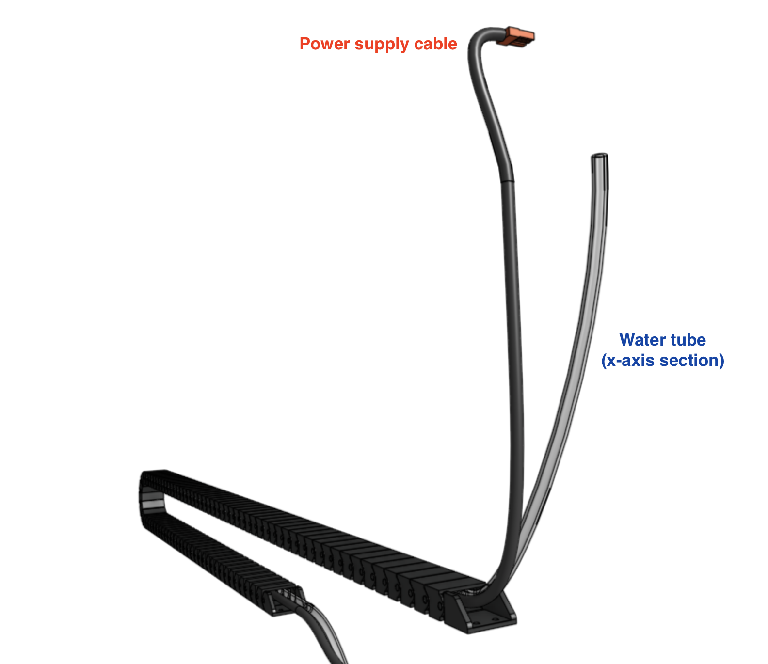 x axis cable carrier with power cable and water tube