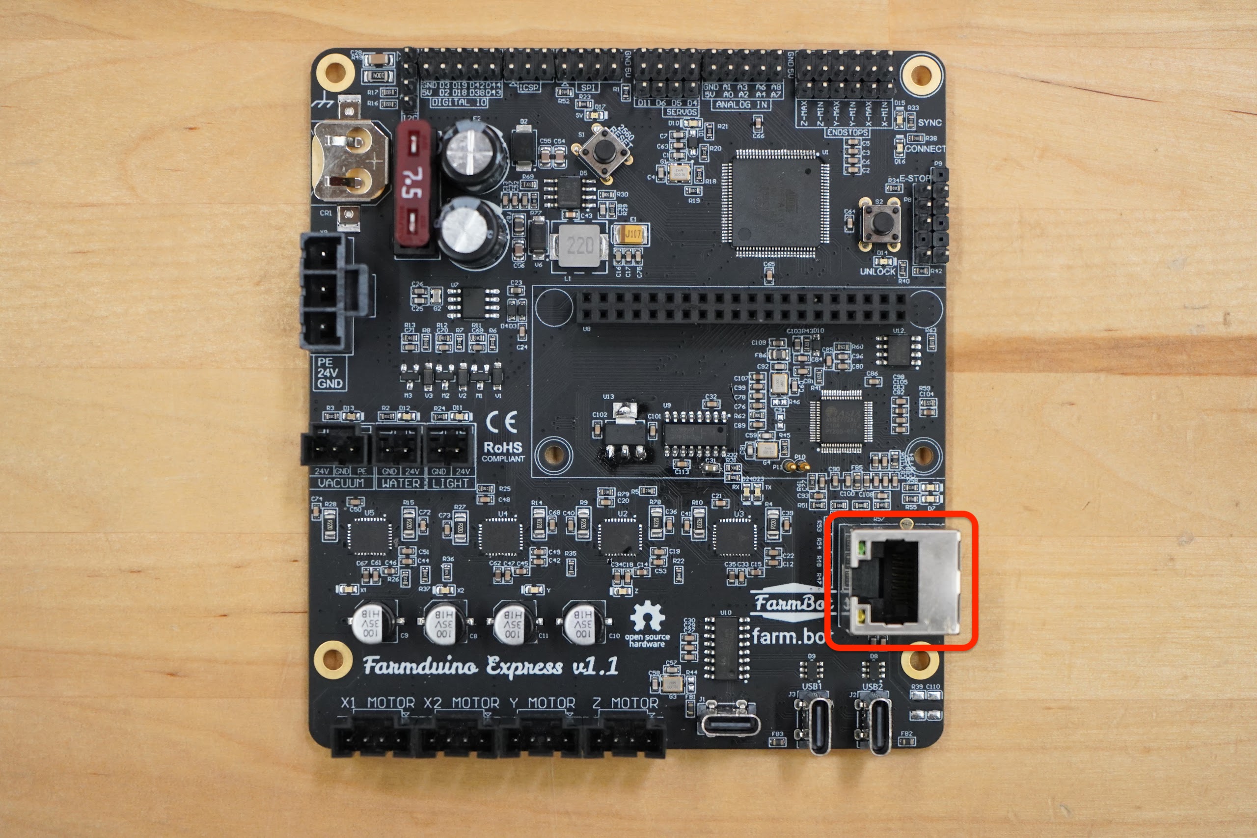 farmduino express v1.1 with ethernet port labeled
