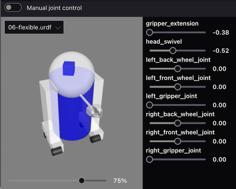 Foxglove Studio's URDF Viewer panel with editable joint positions