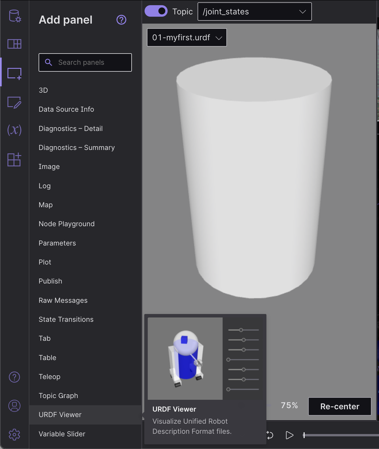 Foxglove Studio's URDF Viewer panel