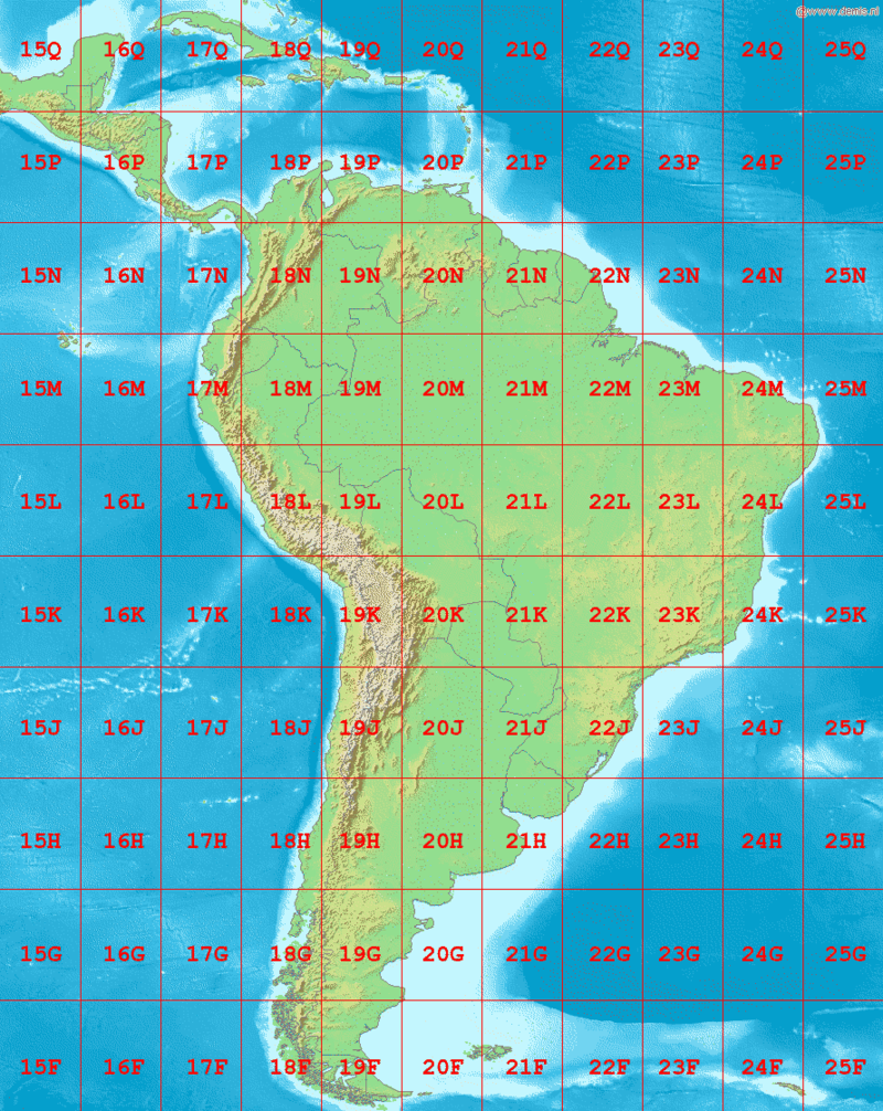 UTM grid zones in South America